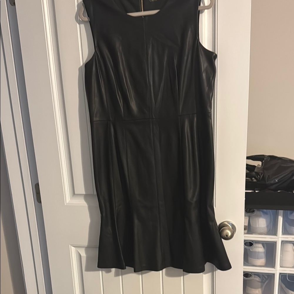 Calvin Klein Black Sheath Leather Midi Dress Bateau Neckline
